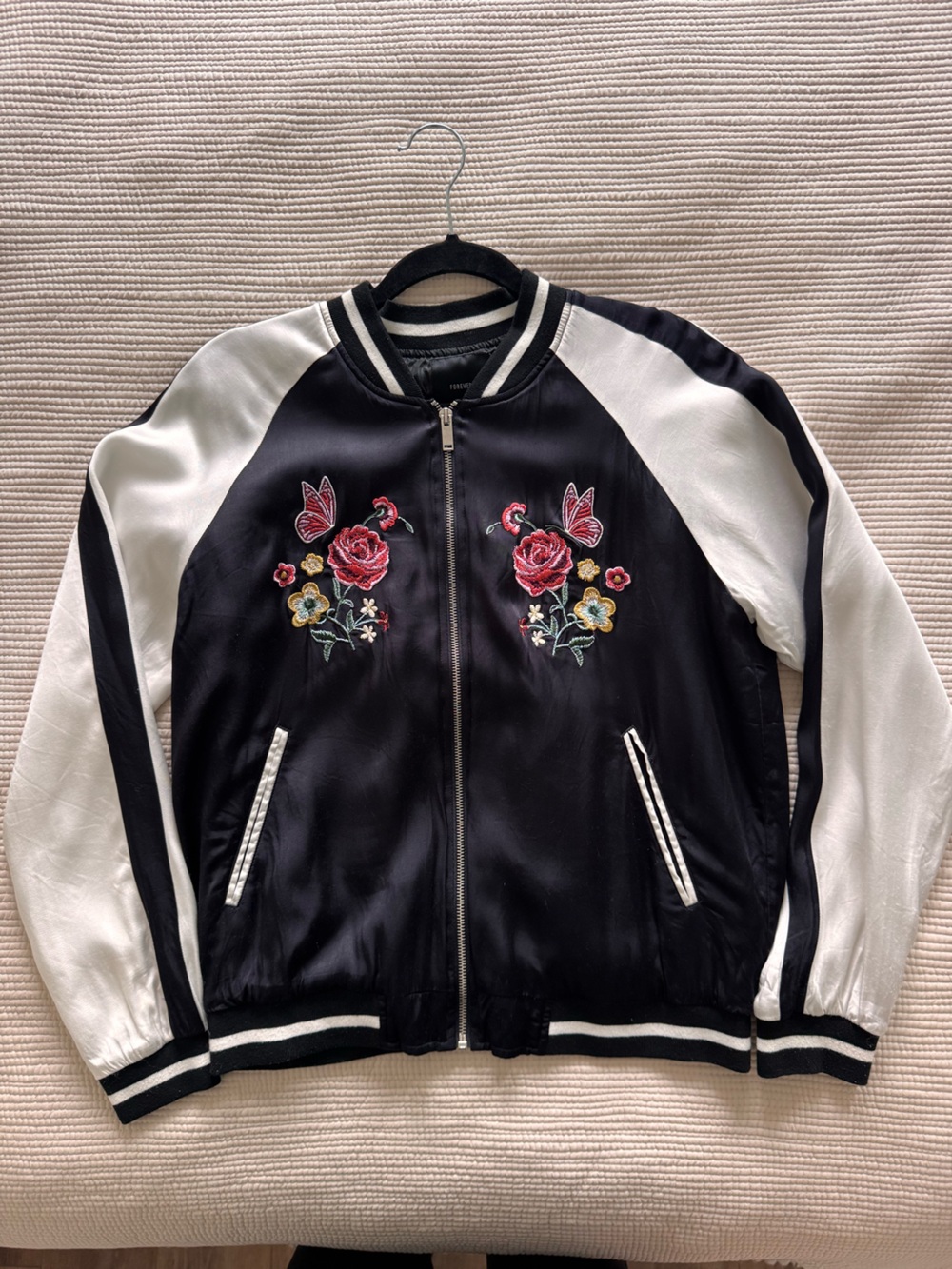 Forever 21 Satin Embroidered Bomber Jacket